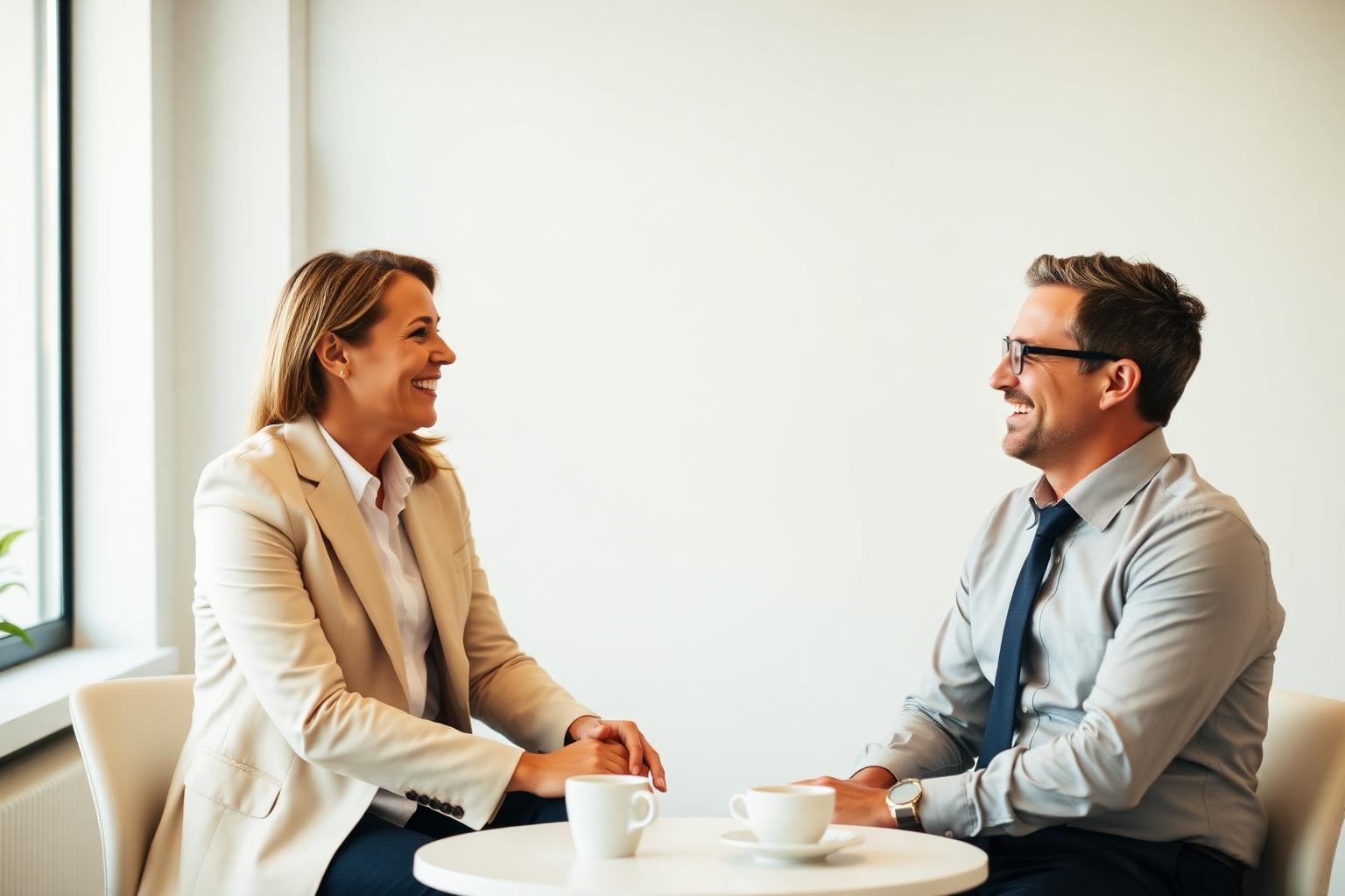 Two professionals in a friendly business conversation