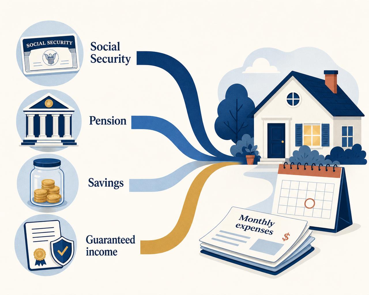 Illustration of Social Security, pension, savings, and guaranteed income flowing toward a home and a stack of monthly expenses.